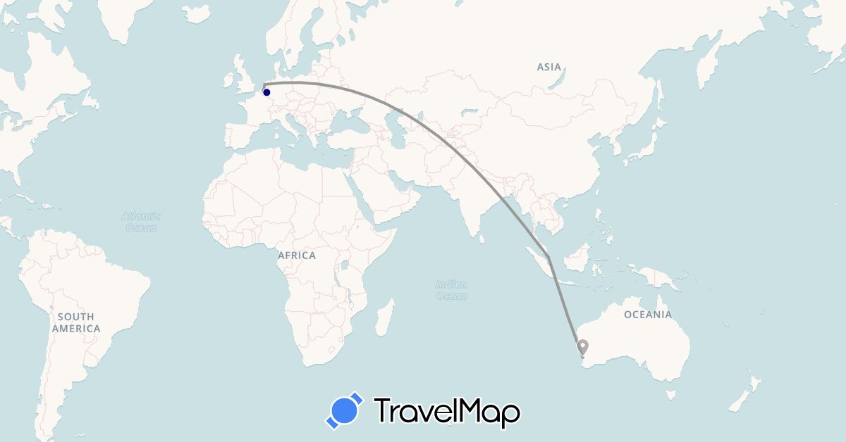 TravelMap itinerary: driving, plane, hiking in Australia, Belgium, Netherlands, Singapore (Asia, Europe, Oceania)